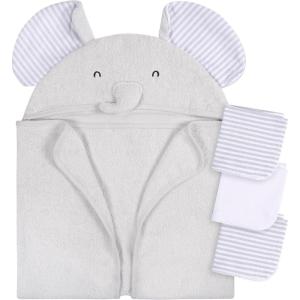 imageGerber Baby 4 Piece Animal Character Hooded Towel and Washcloth Set Brown Lion One SizeGrey Elephant