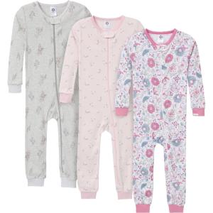imageGerber BabyGirls 3Pack Snug Fit Footless OnePiece Cotton PajamasWoodland Floral