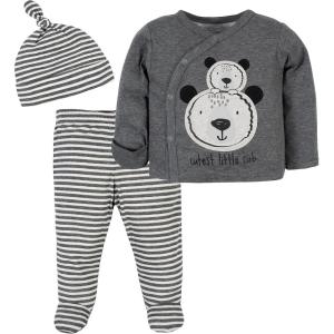 imageGerber unisexbaby Newborn Hospital Outfit Shirt Footed Pant and CapDark Grey Bear
