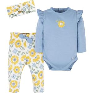 imageGerber babygirls 3piece Long Sleeve Onesies Bodysuit Pants ampamp Headband SetYellow Sunflower