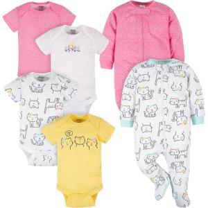 imageGerber Unisex Baby 4 Pack Short Sleeve Bodysuit and 2 Pack Sleep N Play Clothing BundlePink Cat