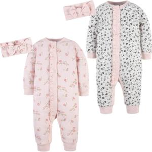 imageGerber babygirls 4piece Coveralls ampamp Headband SetsLeopard  Floral