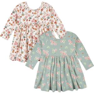 image:imageGerber Baby Girls Toddler 2Pack Long Sleeve DressesVanilla  Green Floral