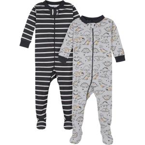 image:imageGerber BabyBoys 2Pack Footed PajamasGrey Dinos Black Stripe Grey