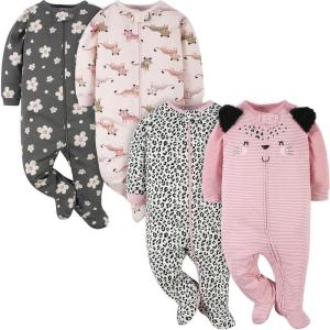 image:imageGerber BabyGirls 4 Pack Sleep N Play FootieLeopard Pink