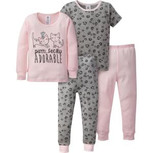 image:imageGerber Baby Girls 4Piece Cotton Pajama SetPink Kitty Leopard