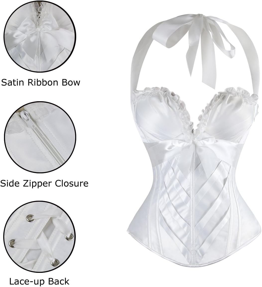Charmian Womens Burlesque Vintage Satin Halter Boned Zipper Bustier Corset TopBeige