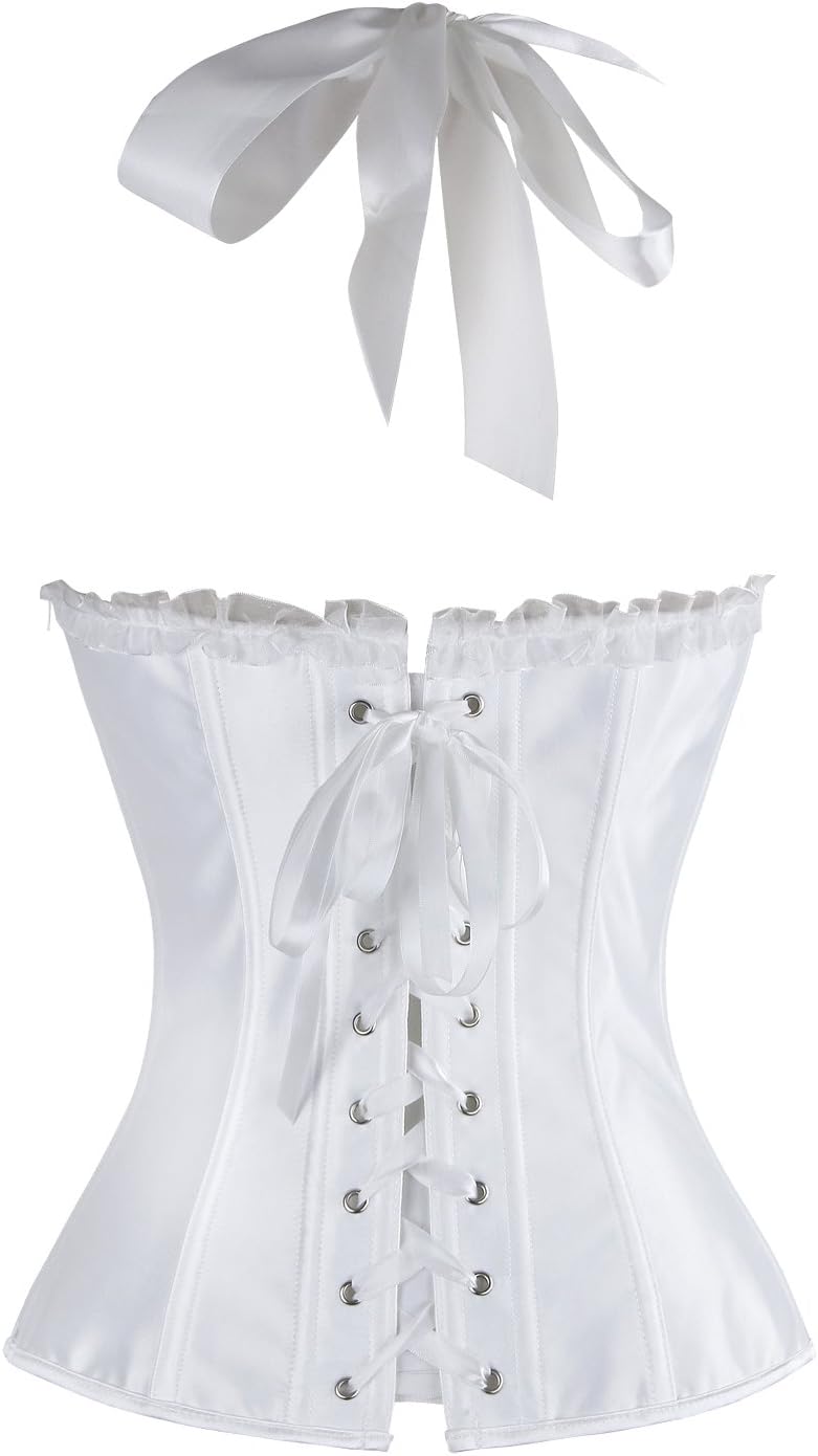Charmian Womens Burlesque Vintage Satin Halter Boned Zipper Bustier Corset TopBeige