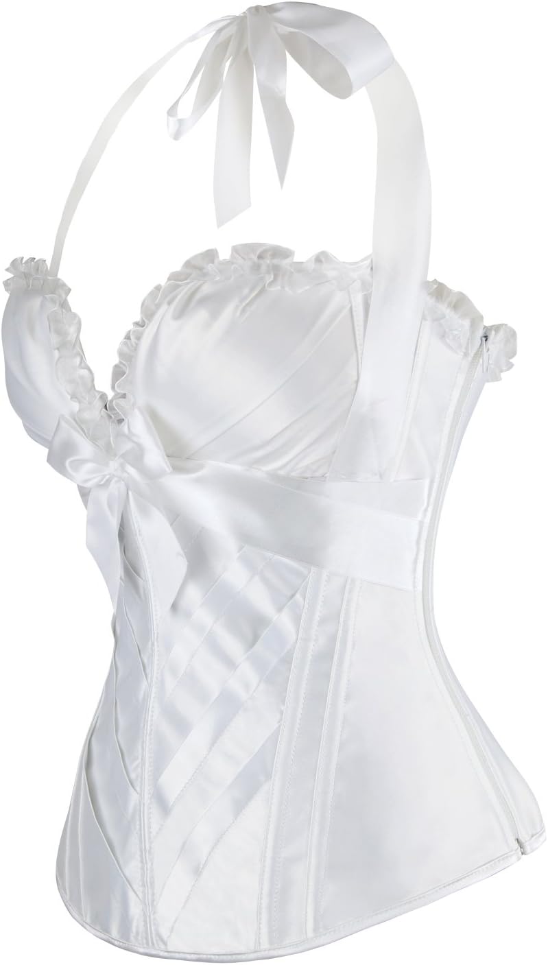 Charmian Womens Burlesque Vintage Satin Halter Boned Zipper Bustier Corset TopBeige