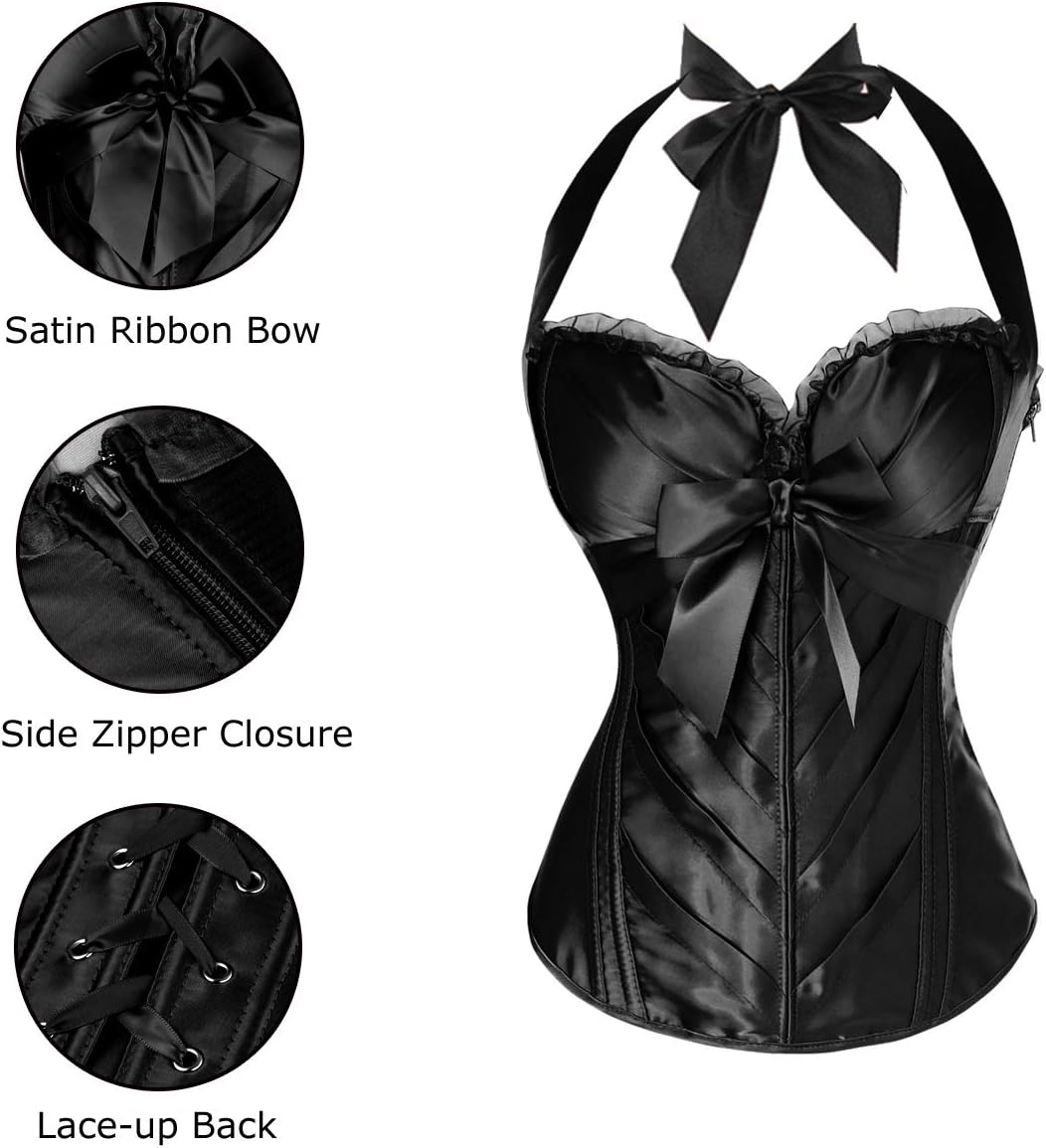 Charmian Womens Burlesque Vintage Satin Halter Boned Zipper Bustier Corset TopBlack
