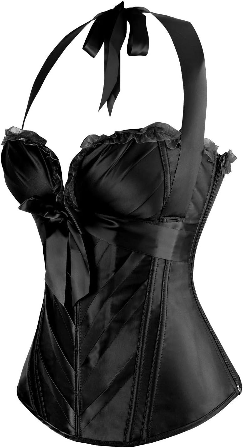 Charmian Womens Burlesque Vintage Satin Halter Boned Zipper Bustier Corset TopBlack