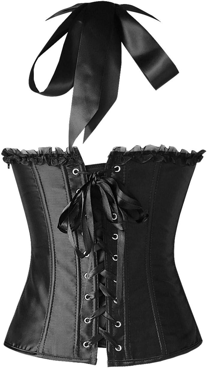 Charmian Womens Burlesque Vintage Satin Halter Boned Zipper Bustier Corset TopBlack
