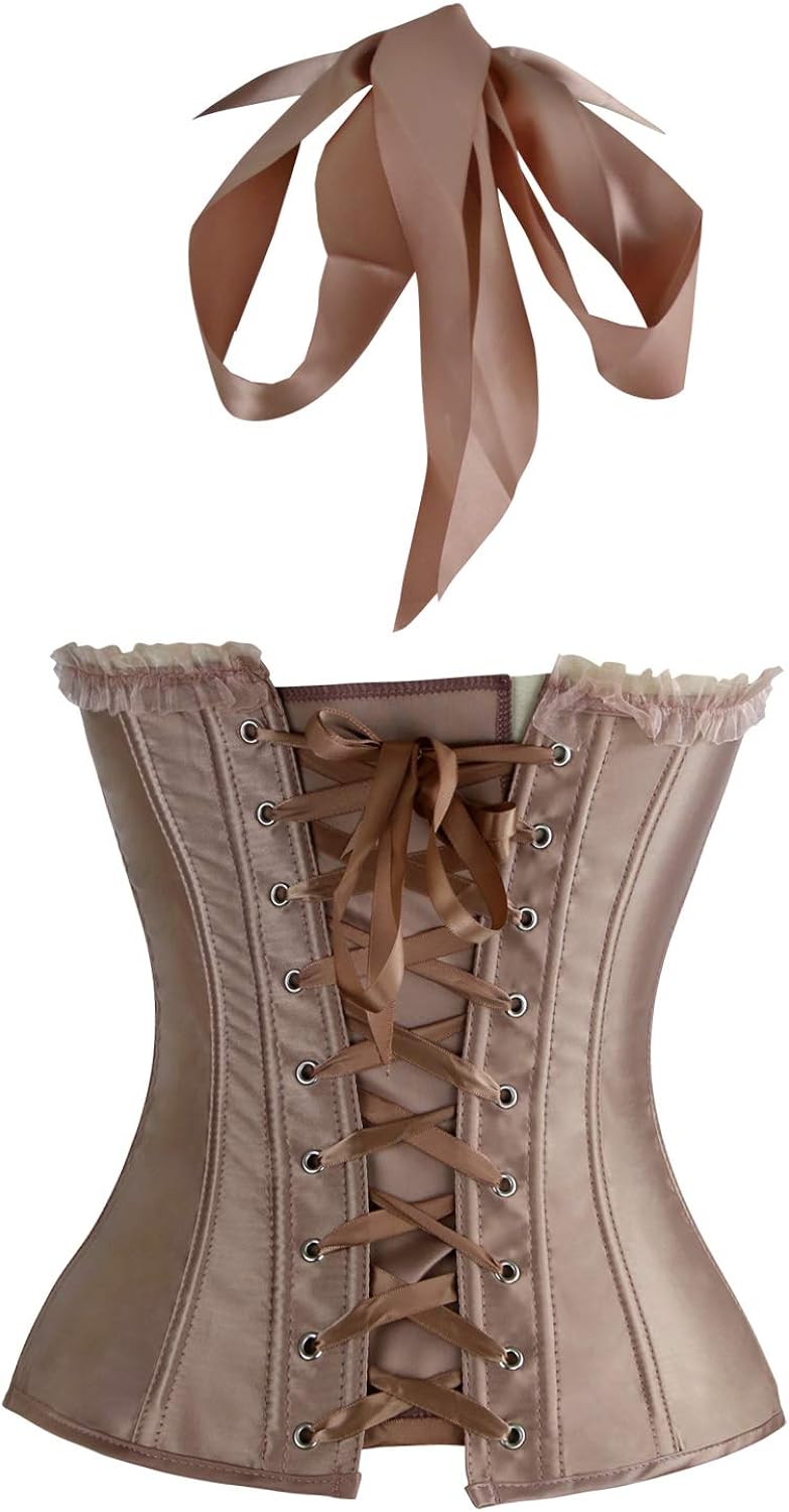 Charmian Womens Burlesque Vintage Satin Halter Boned Zipper Bustier Corset TopChampagne
