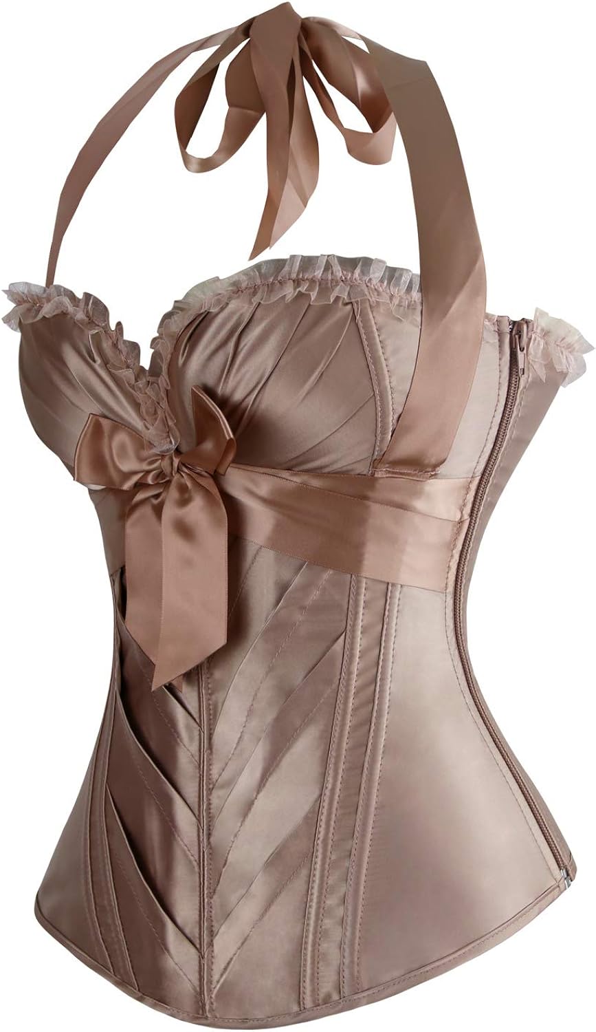 Charmian Womens Burlesque Vintage Satin Halter Boned Zipper Bustier Corset TopChampagne