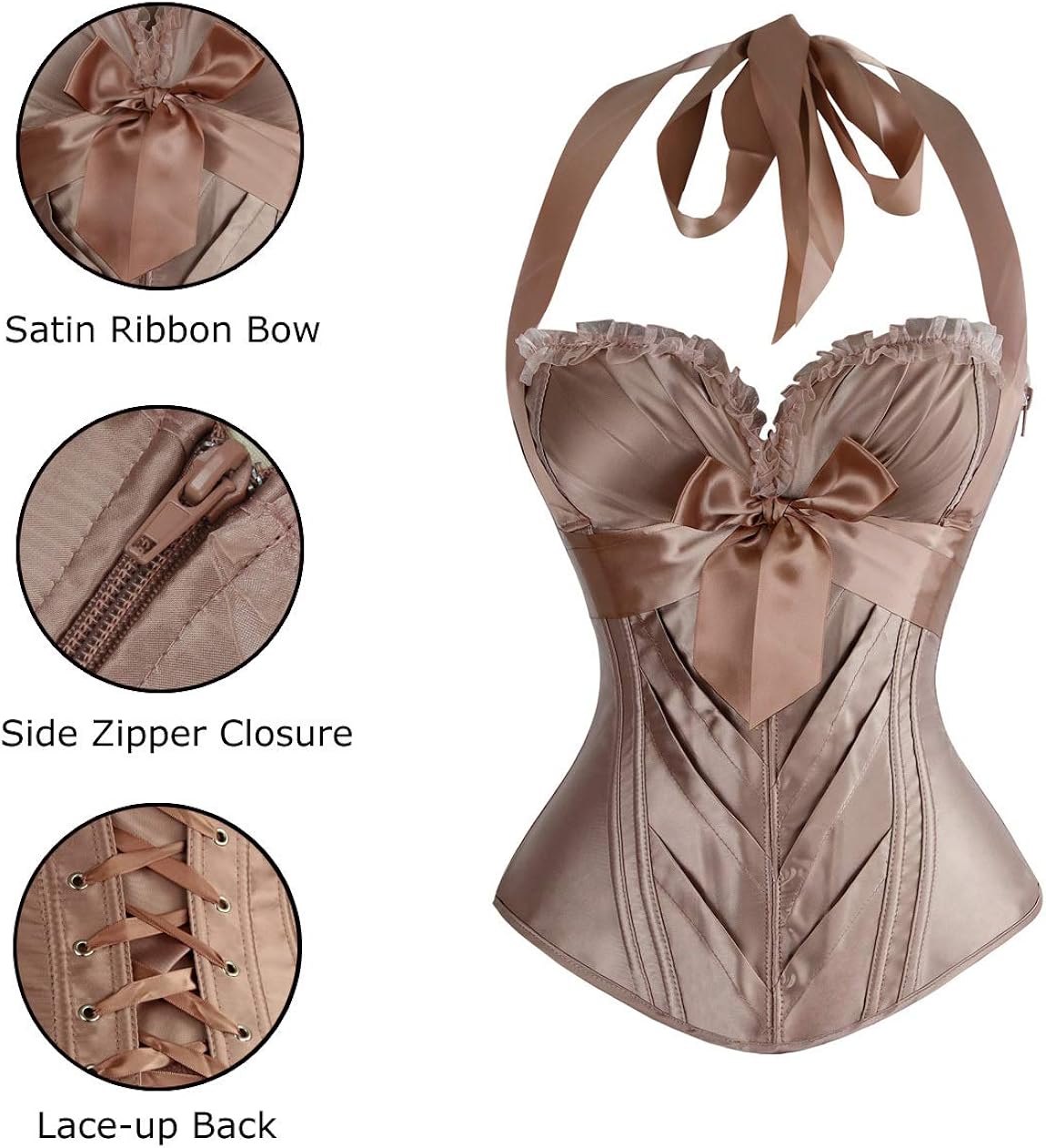 Charmian Womens Burlesque Vintage Satin Halter Boned Zipper Bustier Corset TopChampagne