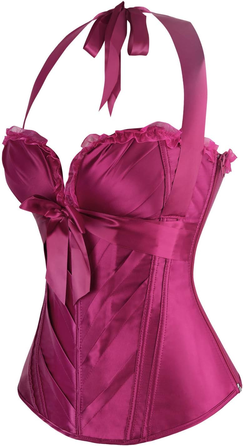 Charmian Womens Burlesque Vintage Satin Halter Boned Zipper Bustier Corset TopPurple