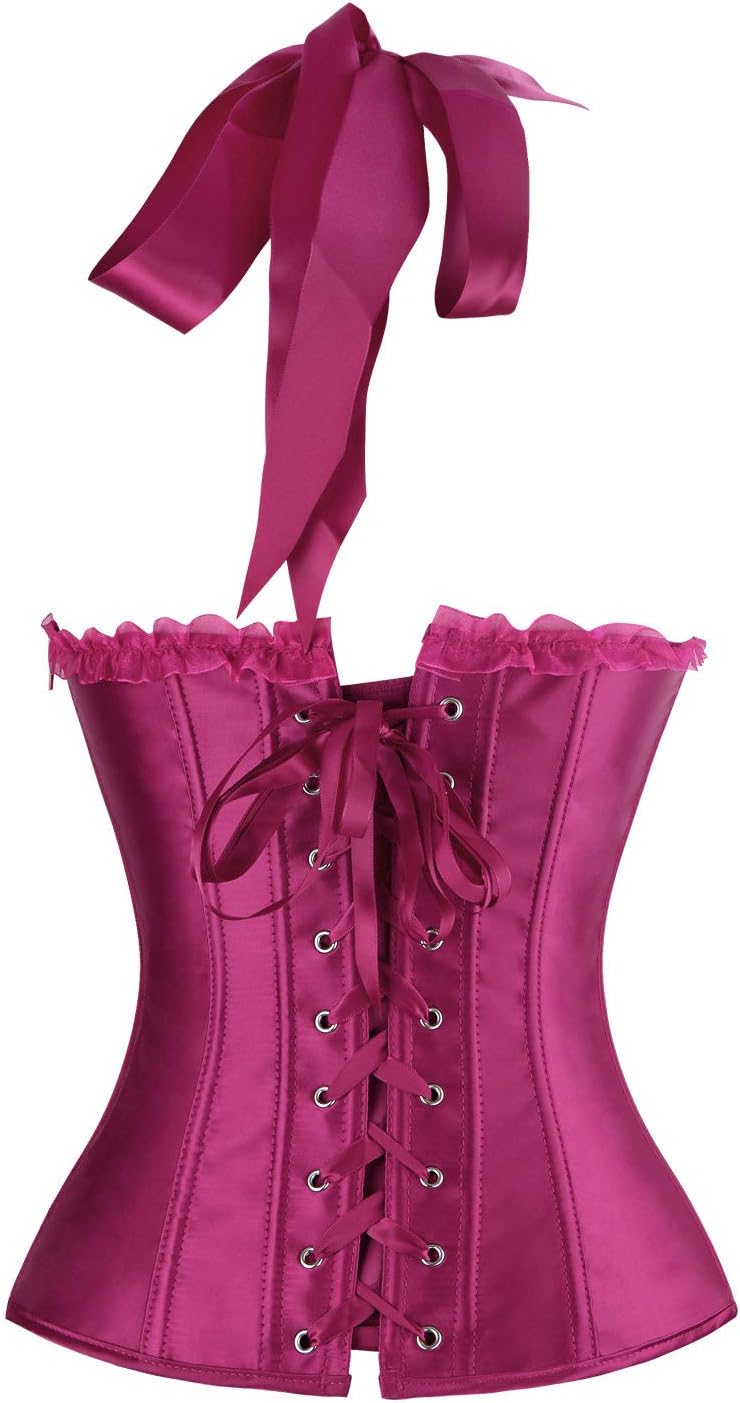 Charmian Womens Burlesque Vintage Satin Halter Boned Zipper Bustier Corset TopPurple