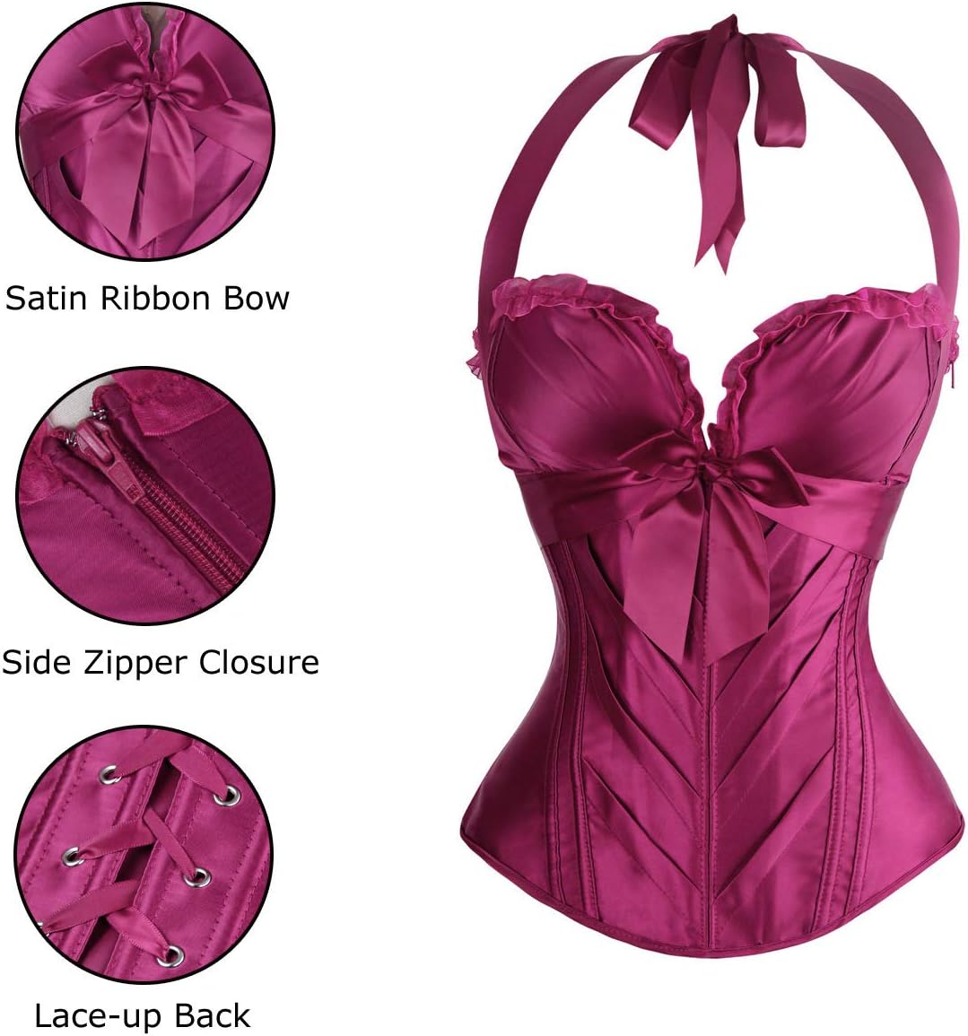 Charmian Womens Burlesque Vintage Satin Halter Boned Zipper Bustier Corset TopPurple