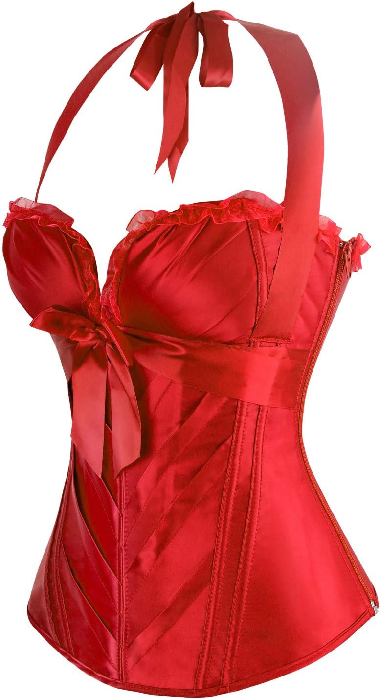 Charmian Womens Burlesque Vintage Satin Halter Boned Zipper Bustier Corset TopRed