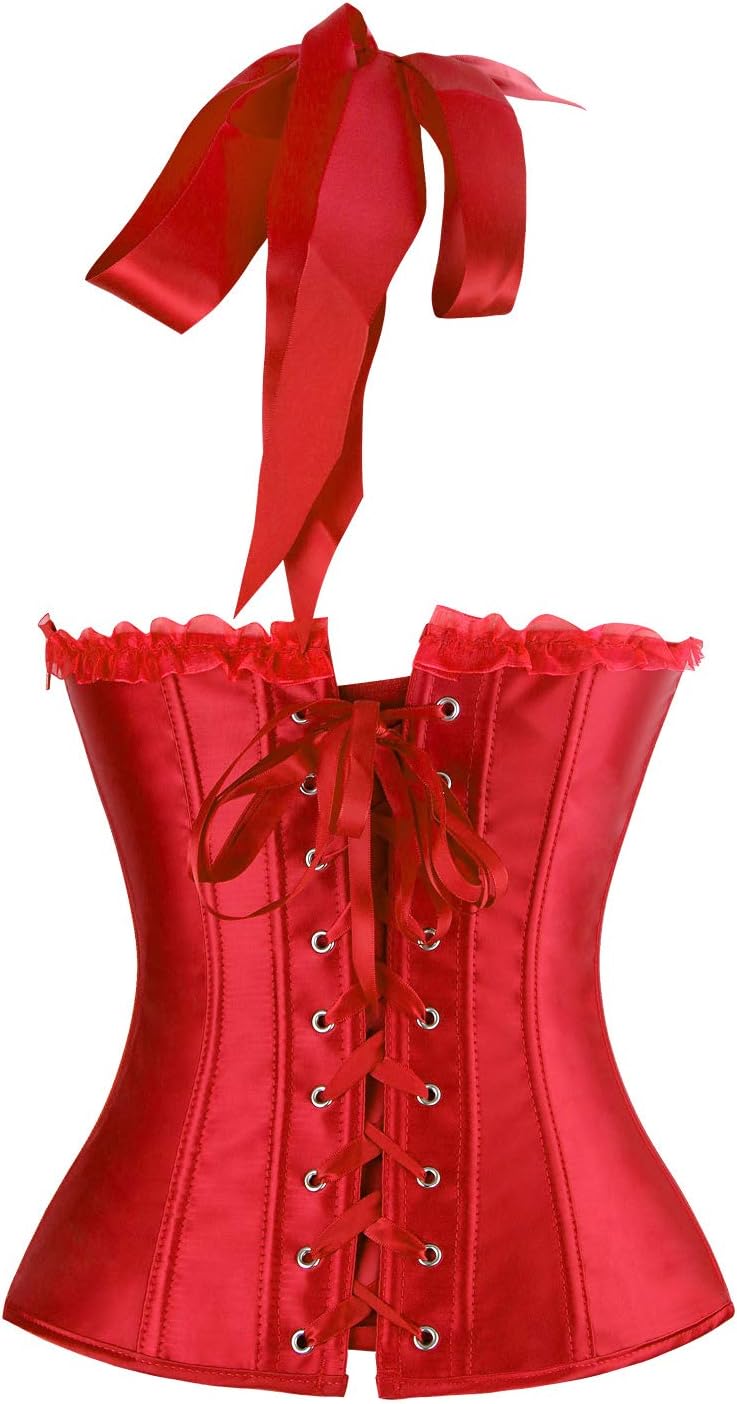 Charmian Womens Burlesque Vintage Satin Halter Boned Zipper Bustier Corset TopRed