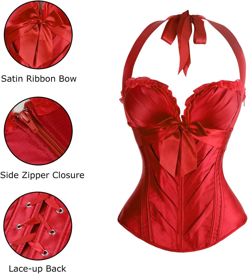 Charmian Womens Burlesque Vintage Satin Halter Boned Zipper Bustier Corset TopRed
