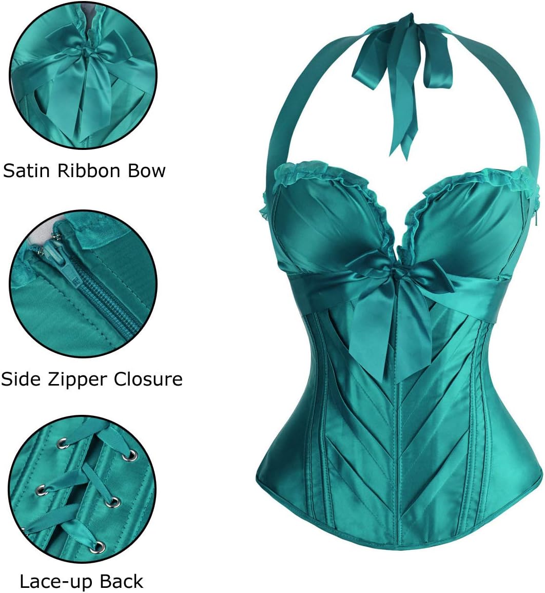 Charmian Womens Burlesque Vintage Satin Halter Boned Zipper Bustier Corset TopTurquoise