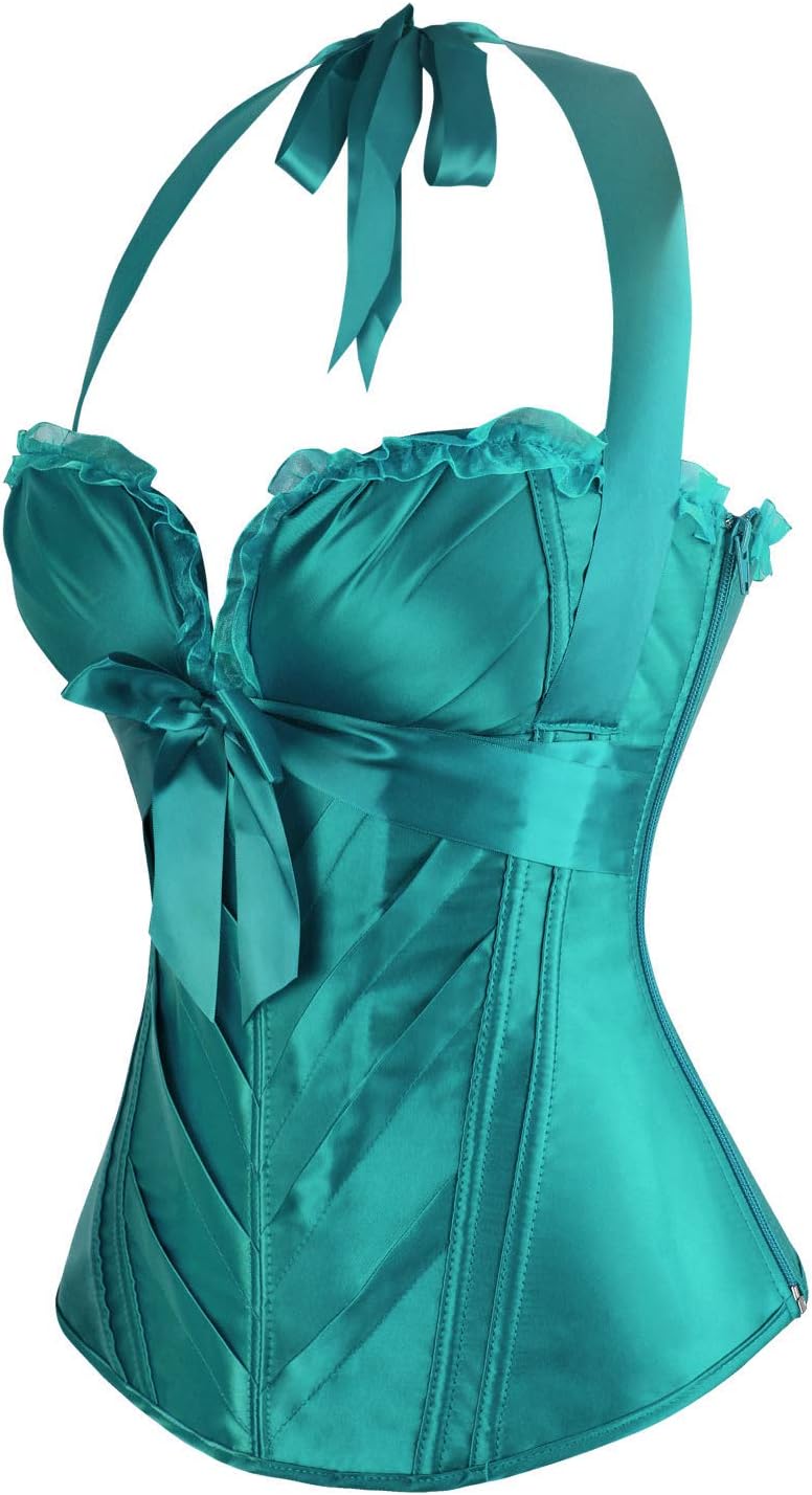 Charmian Womens Burlesque Vintage Satin Halter Boned Zipper Bustier Corset TopTurquoise