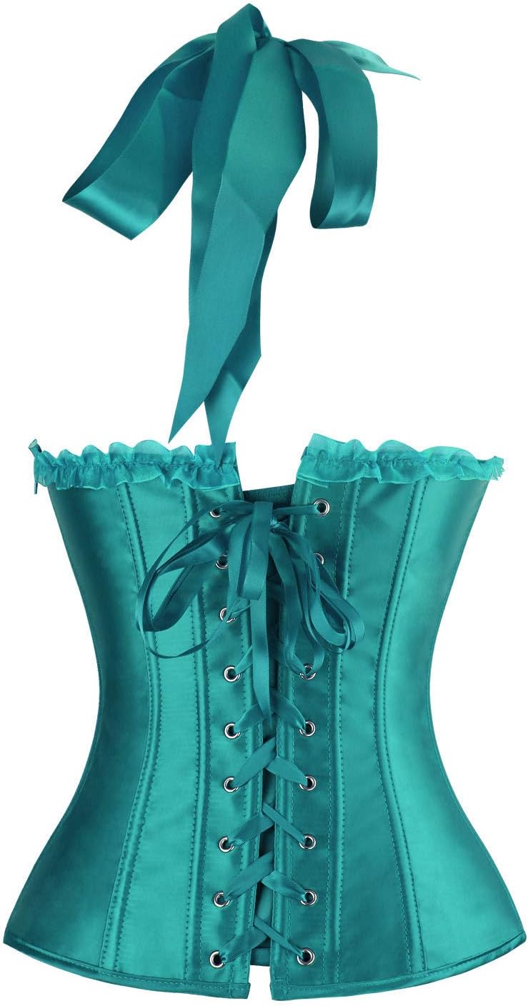 Charmian Womens Burlesque Vintage Satin Halter Boned Zipper Bustier Corset TopTurquoise