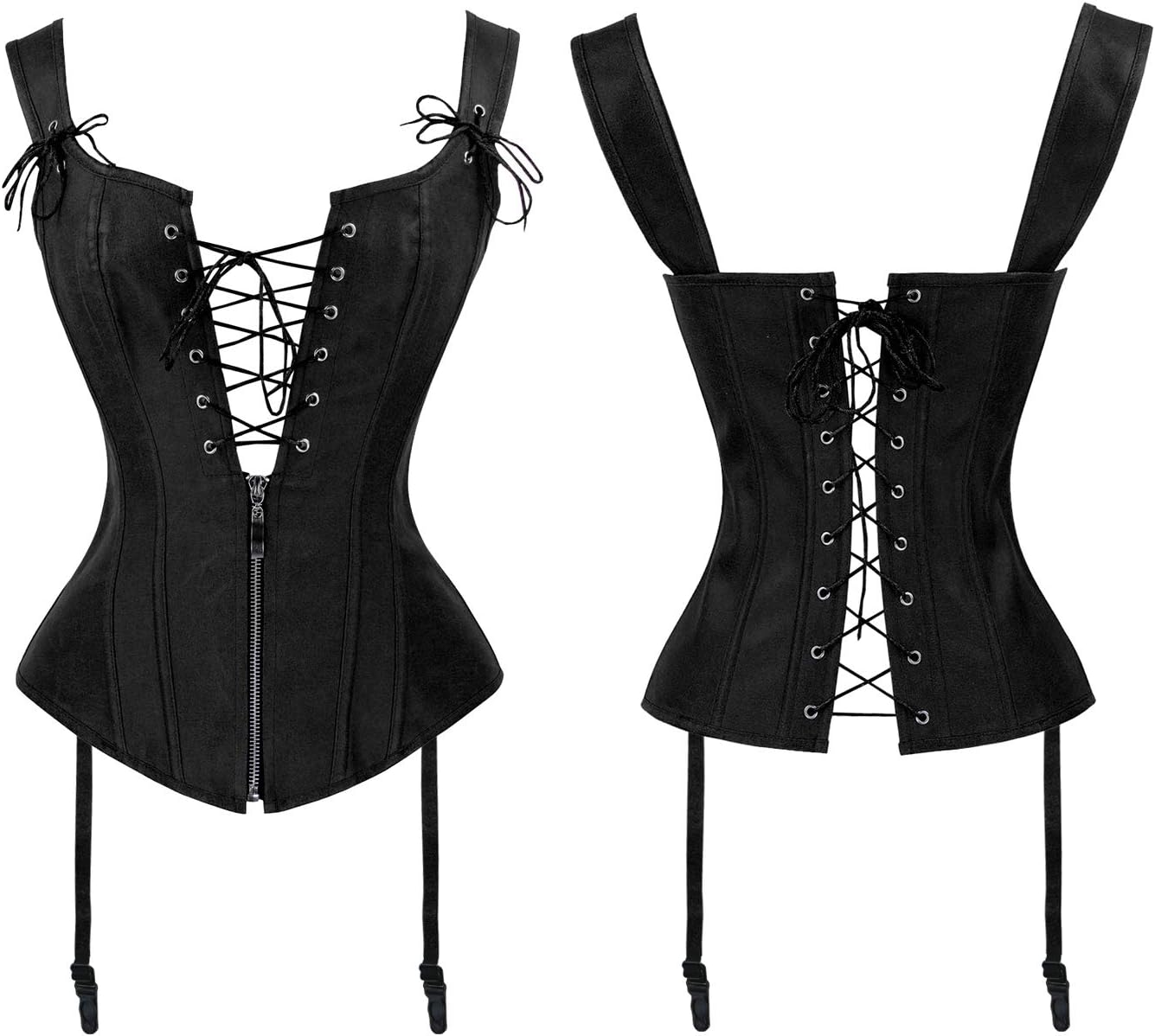 Charmian Womens Renaissance Lace Up Vintage Boned Bustier Corset with GartersBlack
