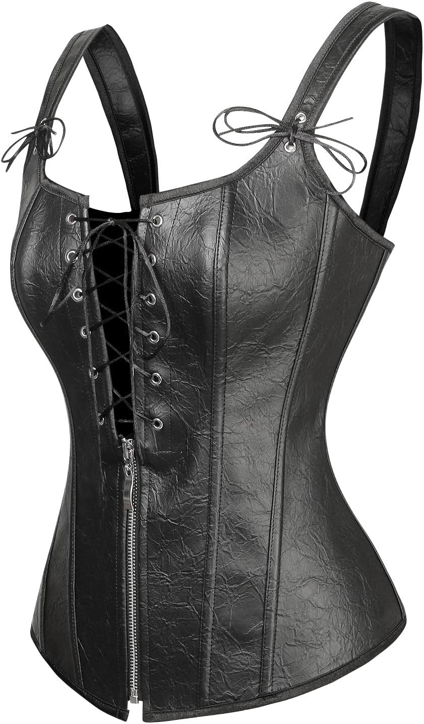 Charmian Womens Renaissance Lace Up Vintage Boned Bustier Corset with GartersBlackFaux Leather