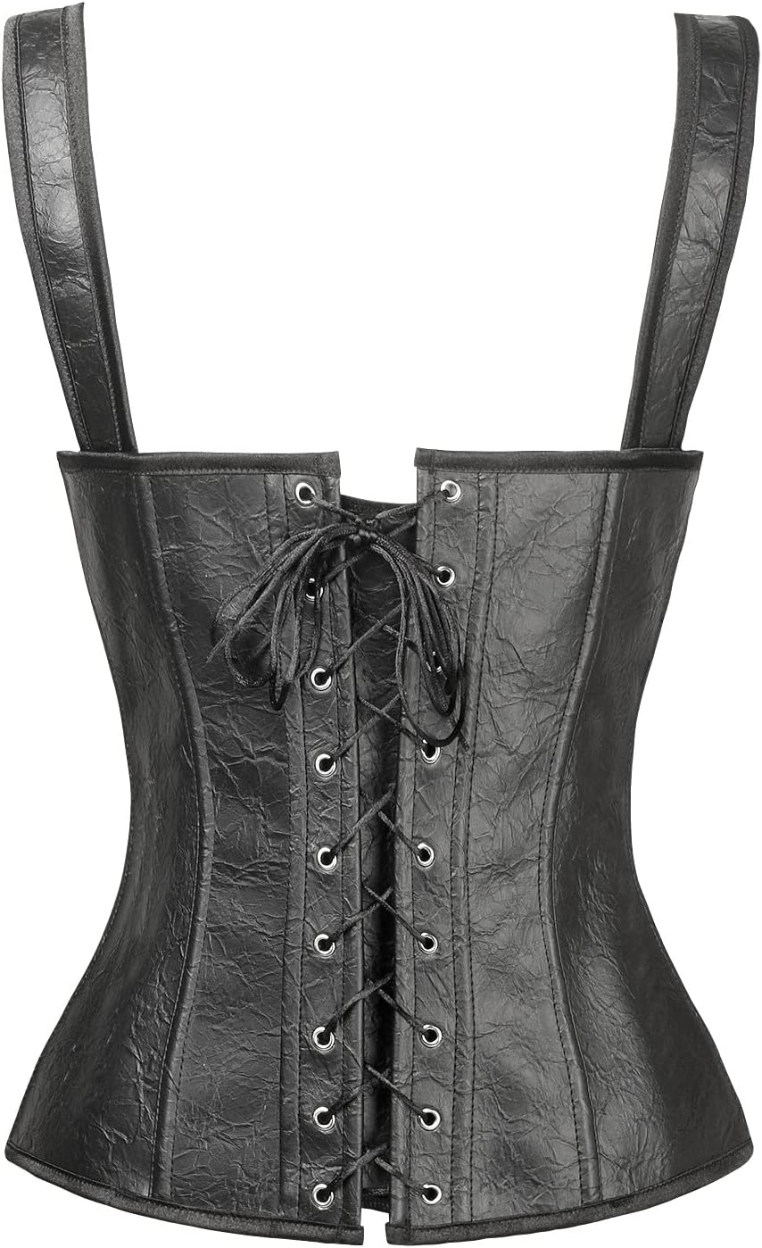 Charmian Womens Renaissance Lace Up Vintage Boned Bustier Corset with GartersBlackFaux Leather