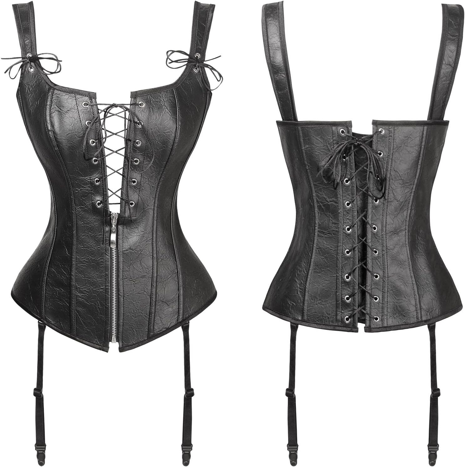 Charmian Womens Renaissance Lace Up Vintage Boned Bustier Corset with GartersBlackFaux Leather