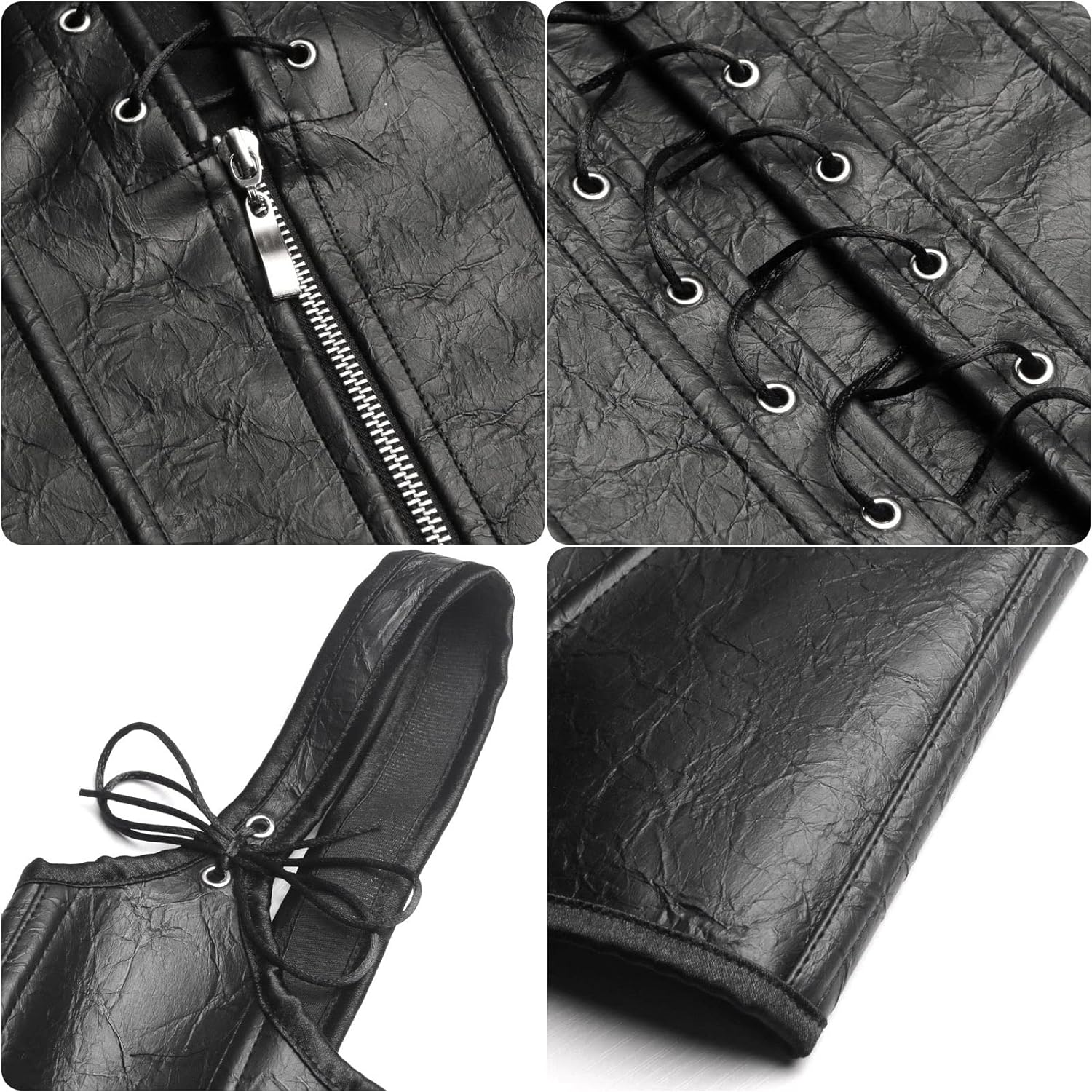 Charmian Womens Renaissance Lace Up Vintage Boned Bustier Corset with GartersBlackFaux Leather
