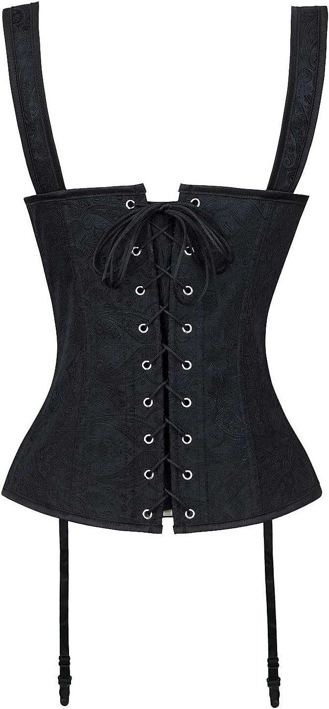 Charmian Womens Renaissance Lace Up Vintage Boned Bustier Corset with GartersBlackFloral