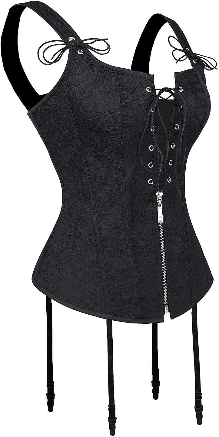 Charmian Womens Renaissance Lace Up Vintage Boned Bustier Corset with GartersBlackFloral