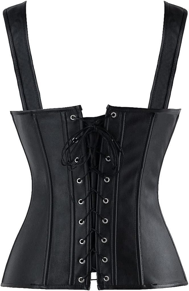 Charmian Womens Renaissance Lace Up Vintage Boned Bustier Corset with GartersBlackPu