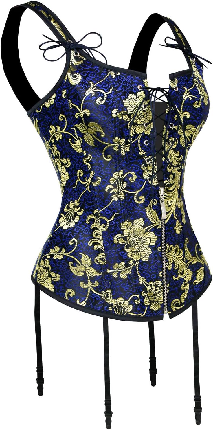 Charmian Womens Renaissance Lace Up Vintage Boned Bustier Corset with GartersBlue