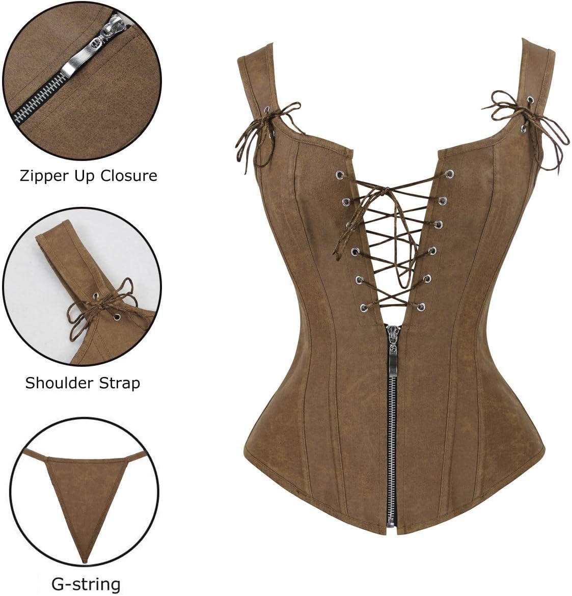 Charmian Womens Renaissance Lace Up Vintage Boned Bustier Corset with GartersBrown