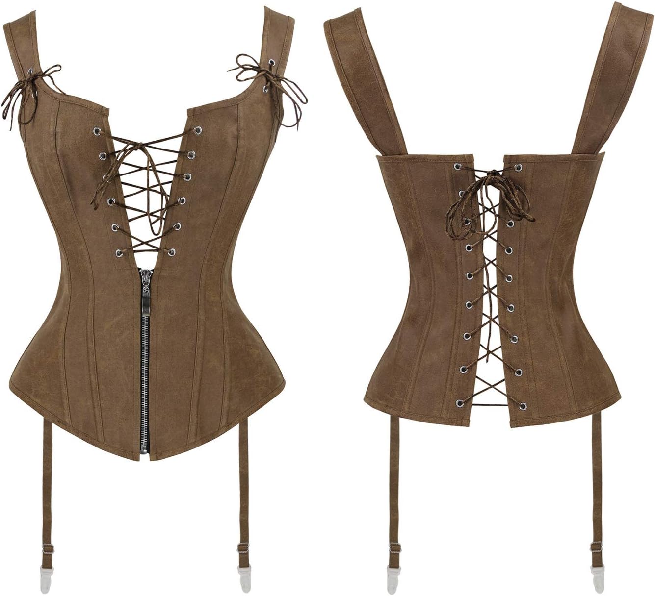 Charmian Womens Renaissance Lace Up Vintage Boned Bustier Corset with GartersBrown