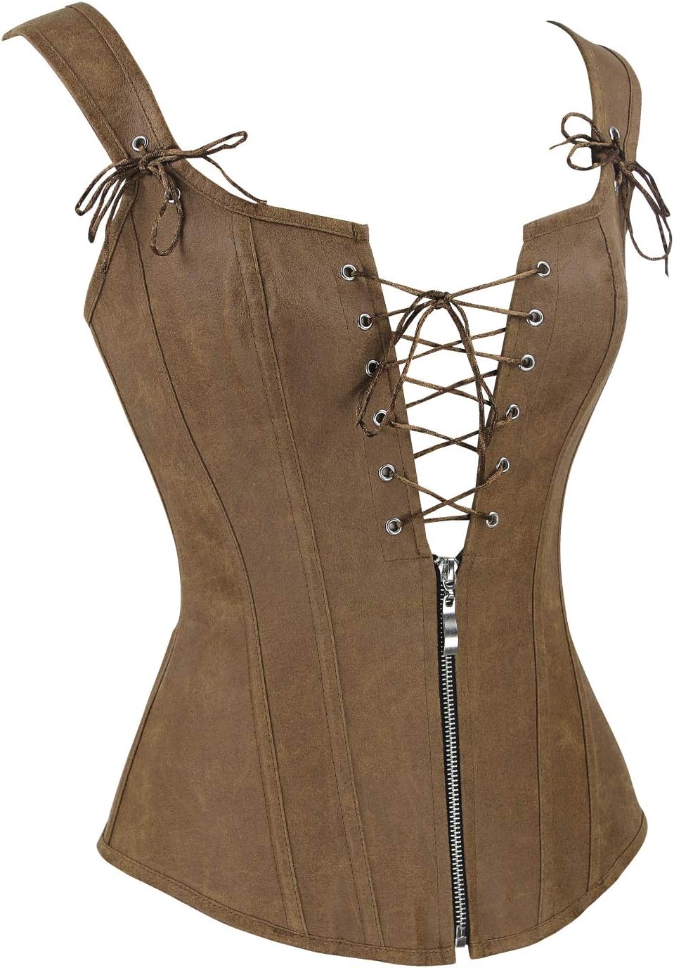 Charmian Womens Renaissance Lace Up Vintage Boned Bustier Corset with GartersBrown