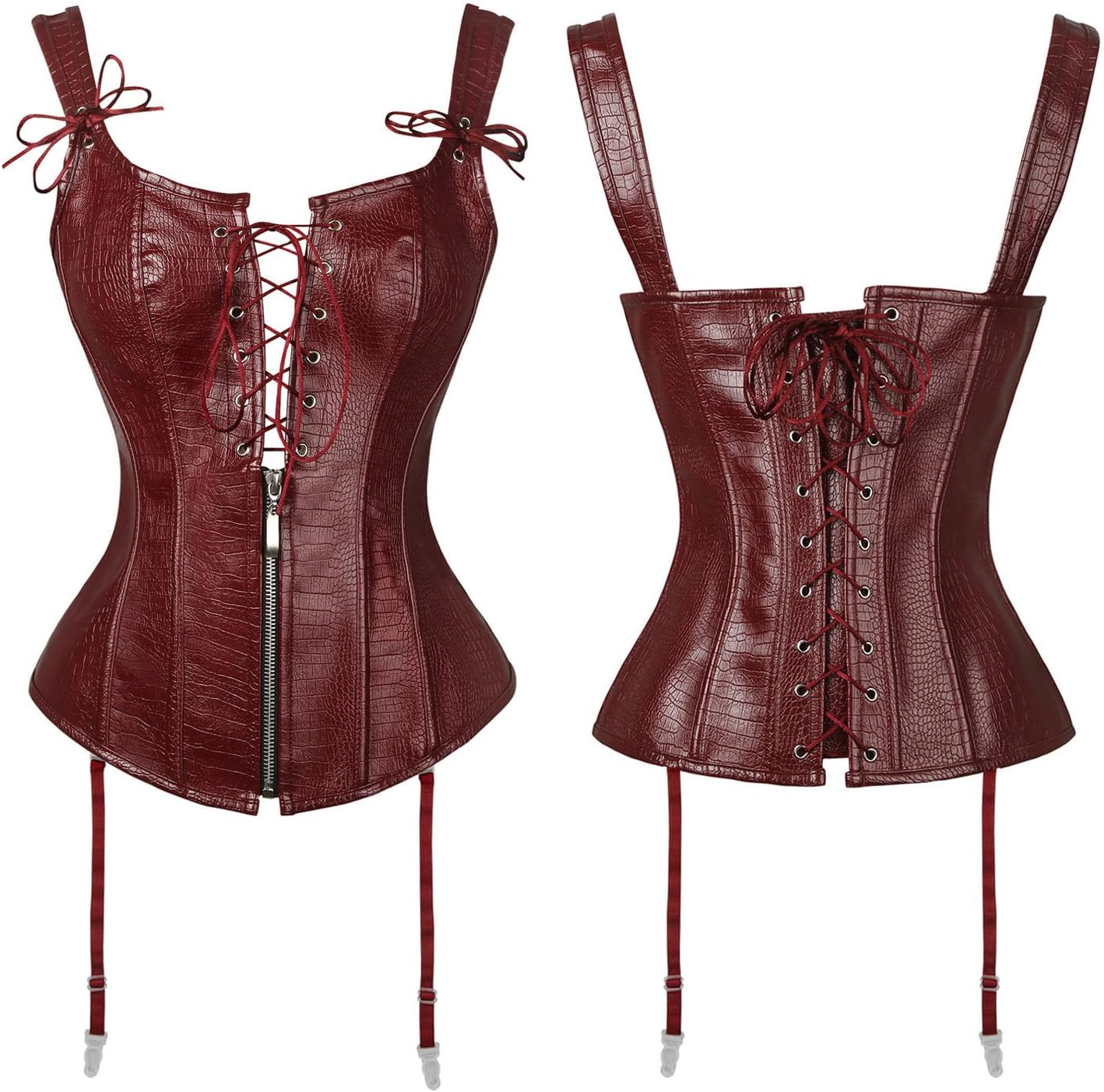 Charmian Womens Renaissance Lace Up Vintage Boned Bustier Corset with GartersBurgundyred