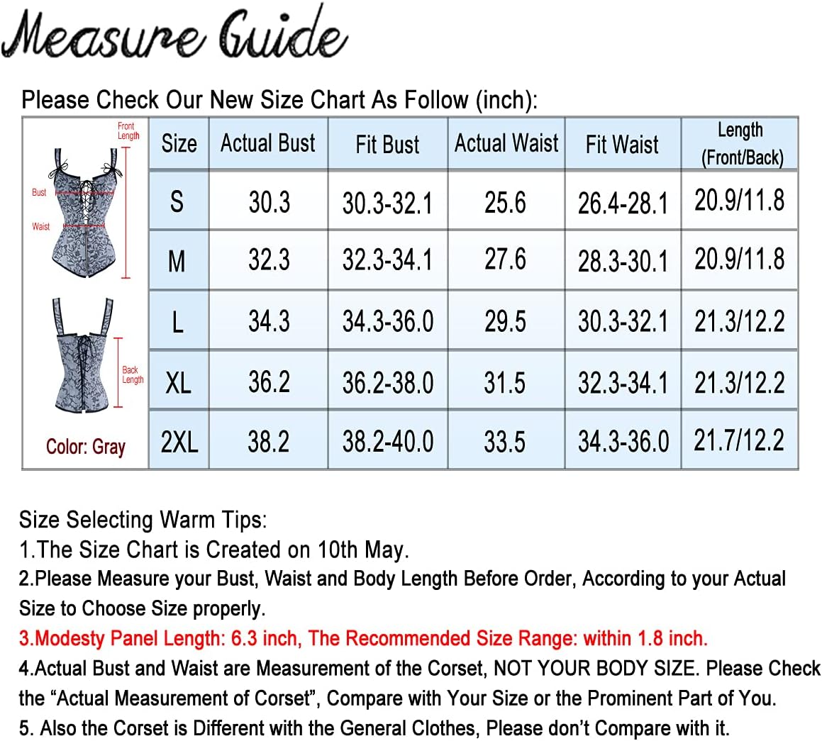 Charmian Womens Renaissance Lace Up Vintage Boned Bustier Corset with GartersGray