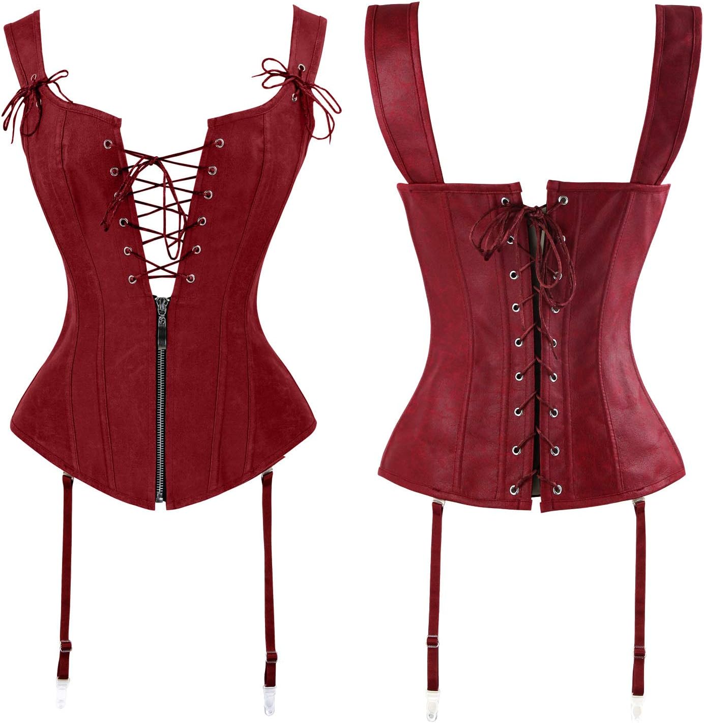 Charmian Womens Renaissance Lace Up Vintage Boned Bustier Corset with GartersRed