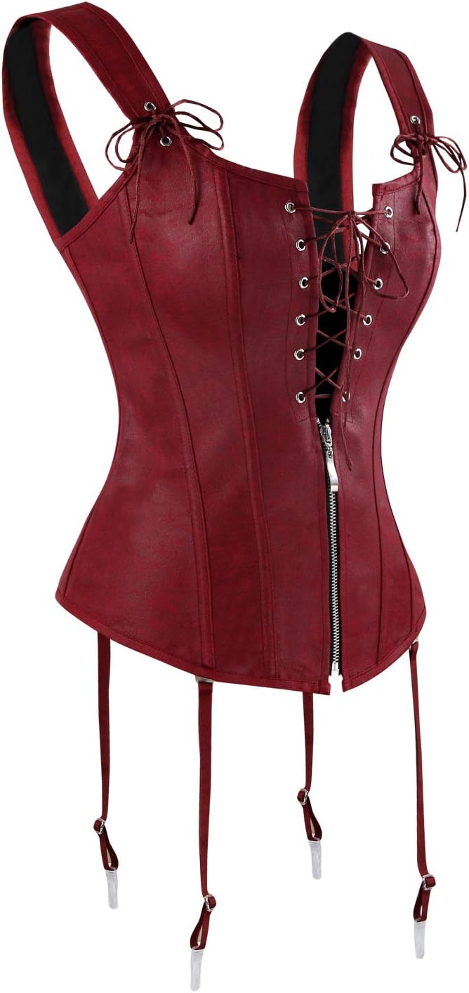 Charmian Womens Renaissance Lace Up Vintage Boned Bustier Corset with GartersRed
