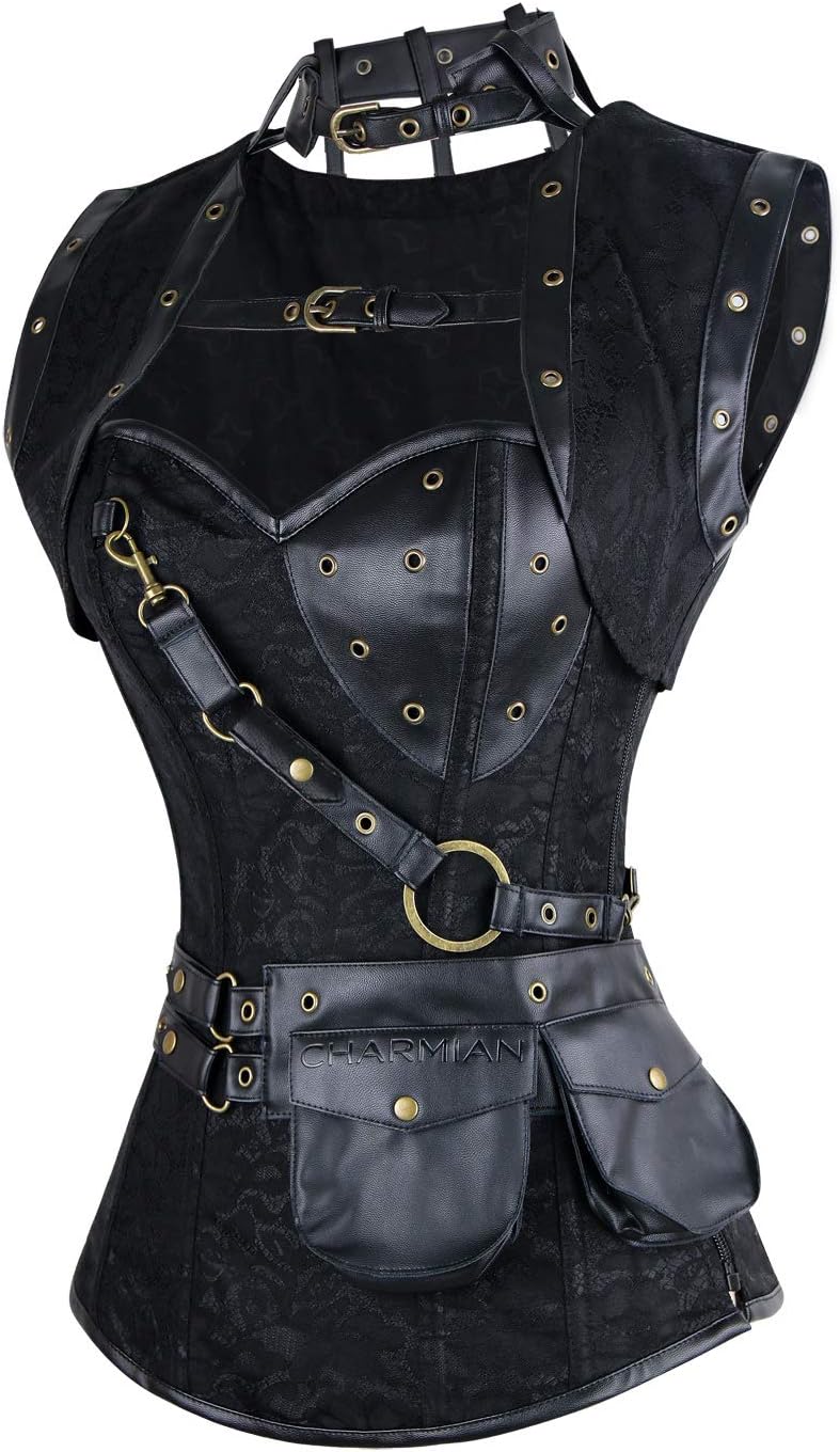 Charmian Womens Steampunk Spiral Steel Boned Vintage Retro Corset Tops BustierBlack