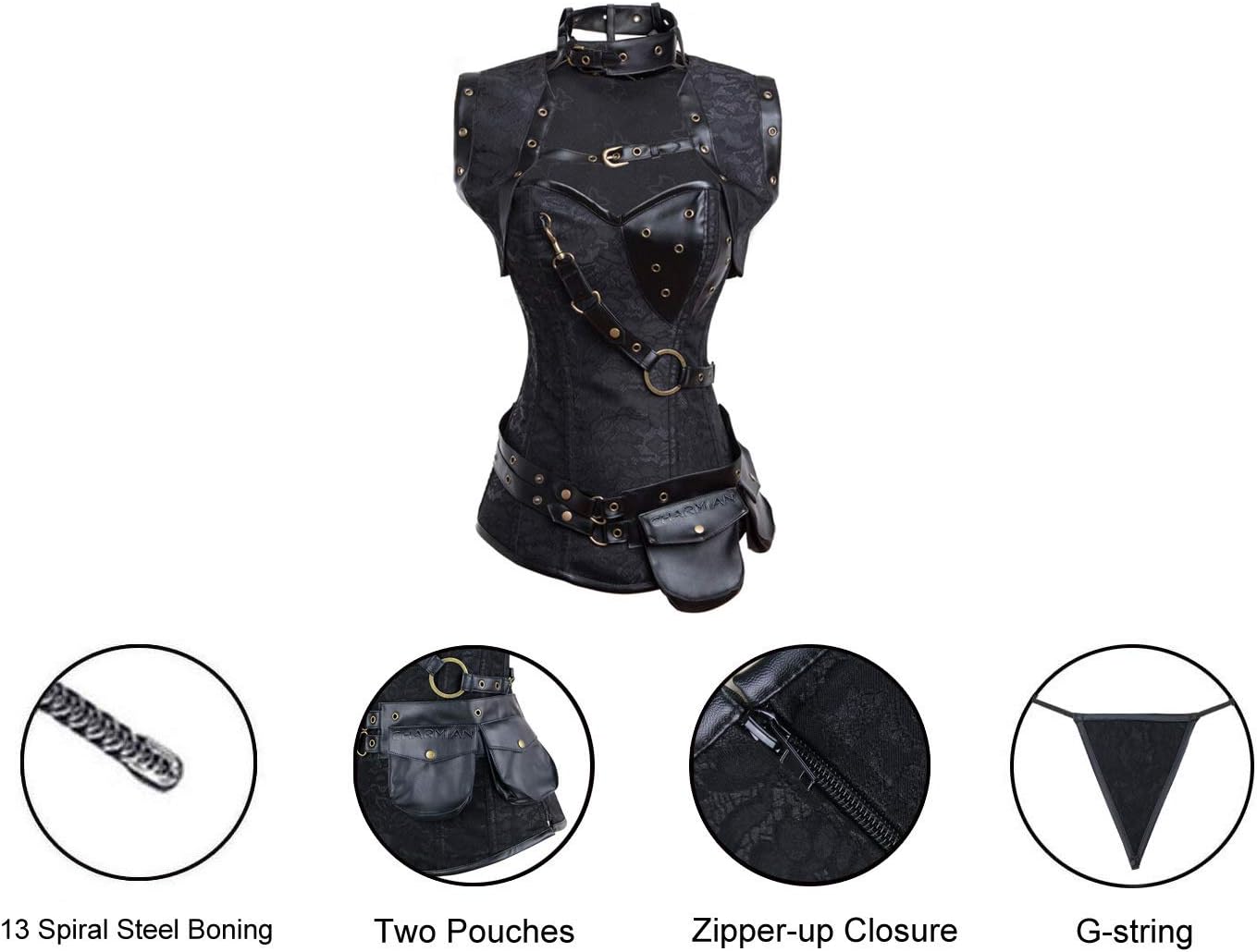 Charmian Womens Steampunk Spiral Steel Boned Vintage Retro Corset Tops BustierBlack