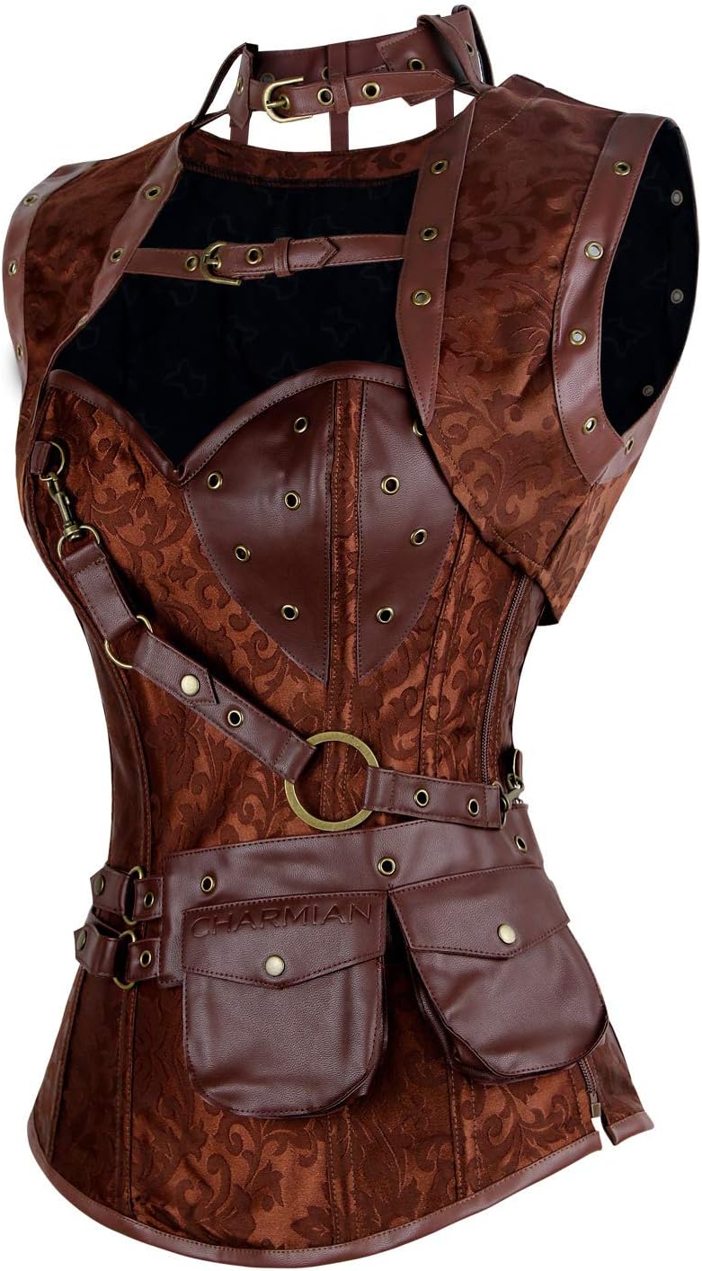 Charmian Womens Steampunk Spiral Steel Boned Vintage Retro Corset Tops BustierBrown