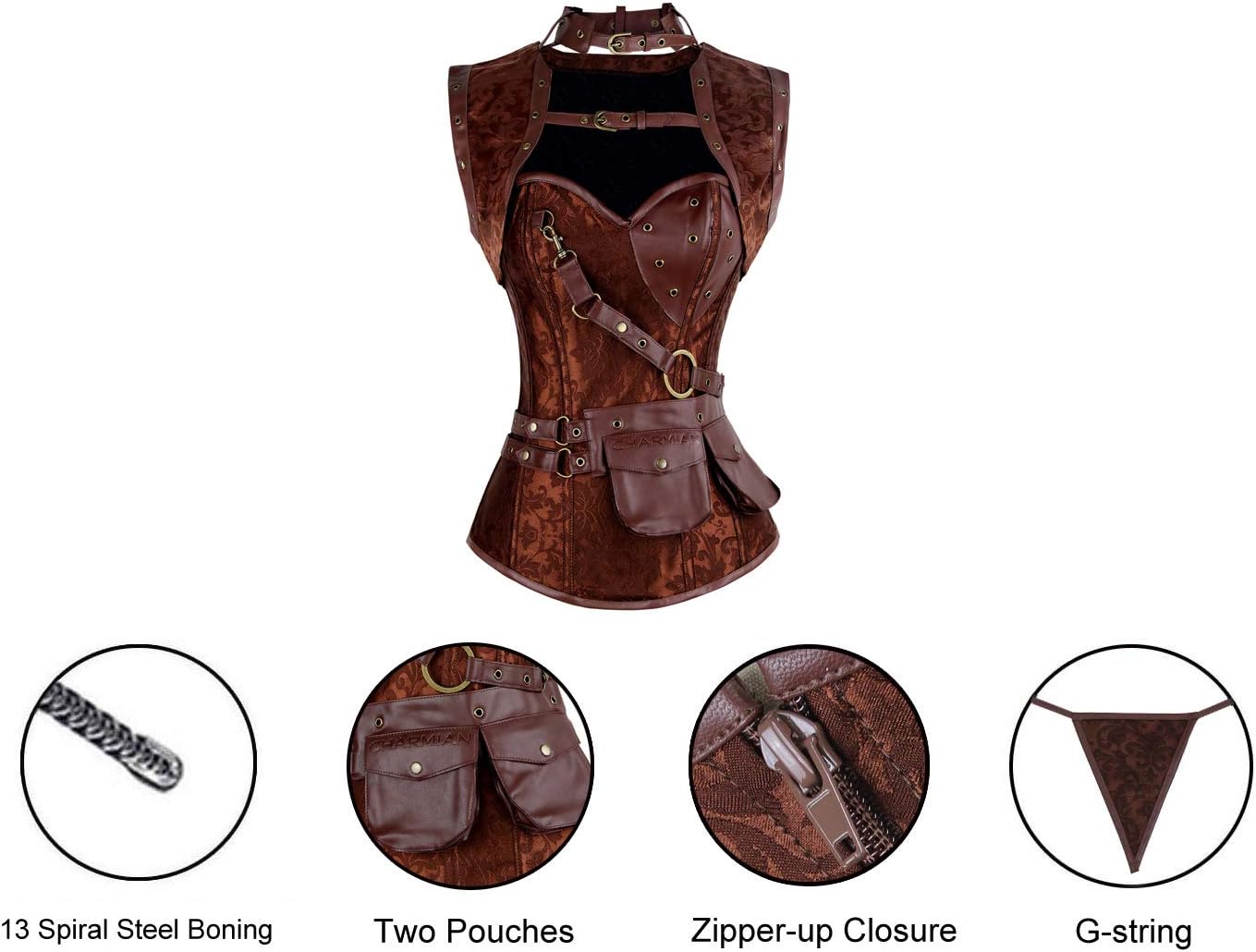Charmian Womens Steampunk Spiral Steel Boned Vintage Retro Corset Tops BustierBrown