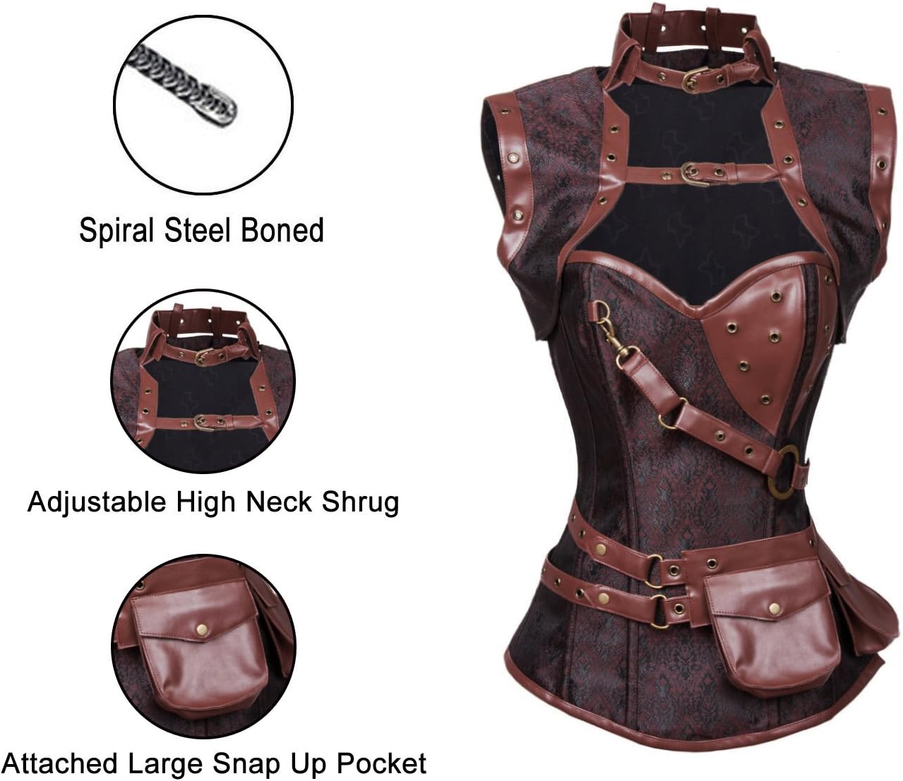 Charmian Womens Steampunk Spiral Steel Boned Vintage Retro Corset Tops BustierDarkbrown
