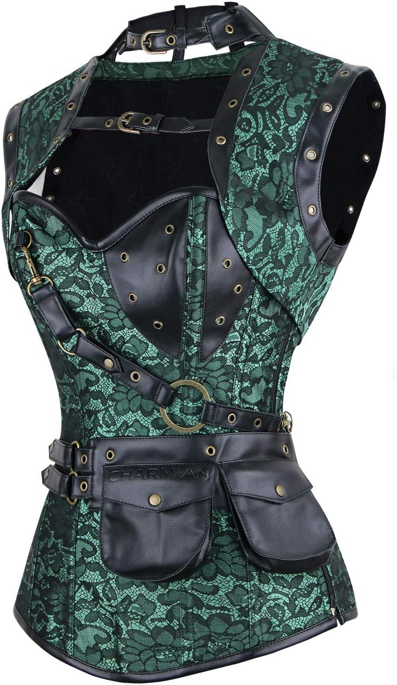 Charmian Womens Steampunk Spiral Steel Boned Vintage Retro Corset Tops BustierGreen